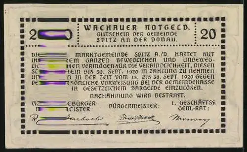 Notgeld Spitz an der Donau 1920, 20 Heller, Mitter Arnsdorf mit Kirche und Fluss
