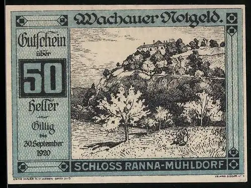 Notgeld Spitz / Donau 1920, 50 Heller, Schloss Ranna-Mühldorf Landschaftsansicht