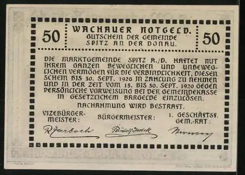 Notgeld Spitz / Donau 1920, 50 Heller, Schloss Ranna-Mühldorf Landschaftsansicht