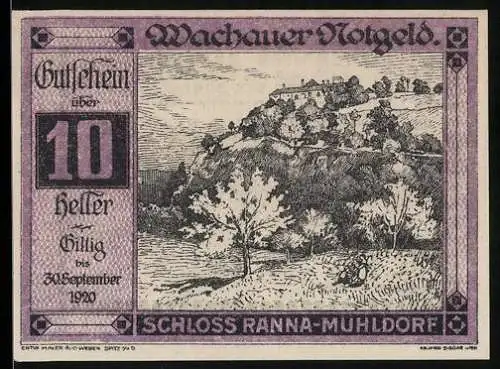 Notgeld Spitz / Donau 1920, 10 Heller, Schloss Ranna-Mühldorf Landschaft