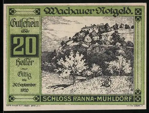 Notgeld Spitz / Donau 1920, 20 Heller, Schloss Ranna-Mühldorf Motiv