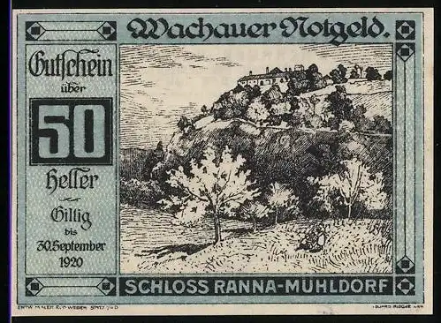 Notgeld Spitz / Donau 1920, 50 Heller, Schloss Ranna-Mühldorf, Landschaftsmotiv