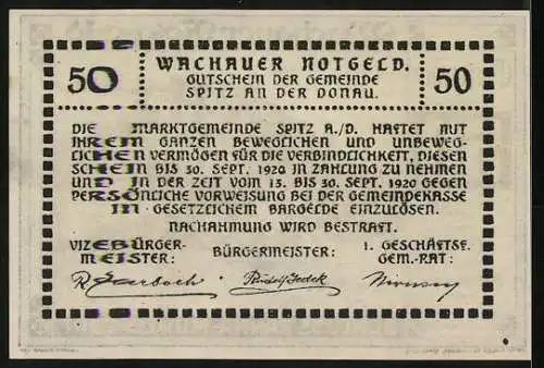 Notgeld Spitz / Donau 1920, 50 Heller, Schloss Ranna-Mühldorf, Landschaftsmotiv