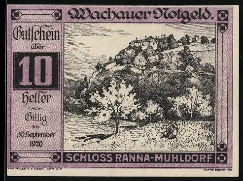 Notgeld Spitz / Donau 1920, 10 Heller, Schloss Ranna-Mühldorf-Motiv