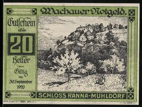 Notgeld Spitz / Donau 1920, 20 Heller, Schloss Ranna-Mühldorf, Landschaftsszene