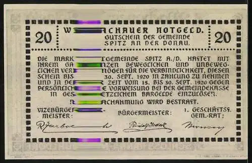 Notgeld Spitz / Donau 1920, 20 Heller, Schloss Ranna-Mühldorf, Landschaftsszene