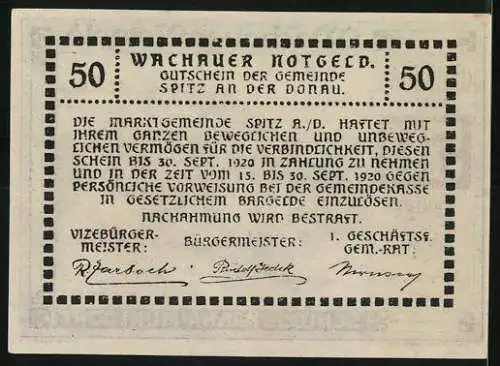 Notgeld Spitz / Donau 1920, 50 Heller, Schloss Ranna-Muhldorf Darstellung