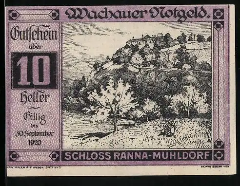 Notgeld Spitz / Donau 1920, 10 Heller, Schloss Ranna-Mühldorf, Landschaftsmotiv