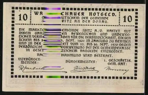 Notgeld Spitz / Donau 1920, 10 Heller, Schloss Ranna-Mühldorf, Landschaftsmotiv