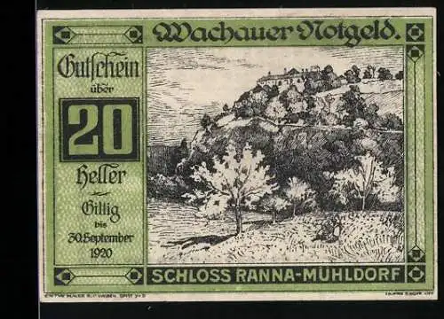 Notgeld Spitz / Donau 1920, 20 Heller, Schloss Ranna-Mühldorf, Gutschein der Gemeinde Spitz an der Donau