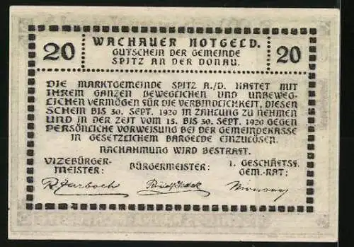 Notgeld Spitz / Donau 1920, 20 Heller, Schloss Ranna-Mühldorf, Gutschein der Gemeinde Spitz an der Donau