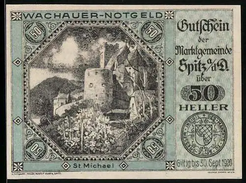 Notgeld Spitz a.d. Donau 1920, 50 Heller, Burg und Landschaftsmotiv, Wappen vorhanden