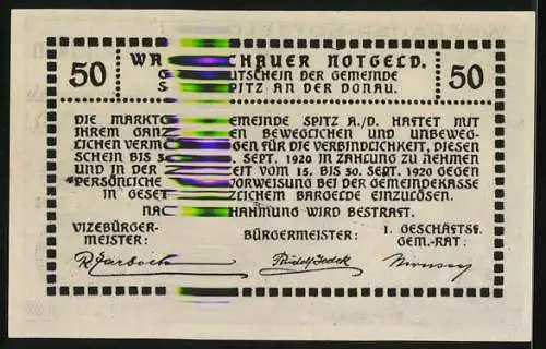 Notgeld Spitz a.d. Donau 1920, 50 Heller, Burg und Landschaftsmotiv, Wappen vorhanden