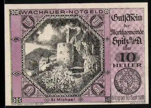 Notgeld Spitz / Donau 1920, 10 Heller, Burg St. Michael, Wappen und Gültig bis 30. Sept. 1920