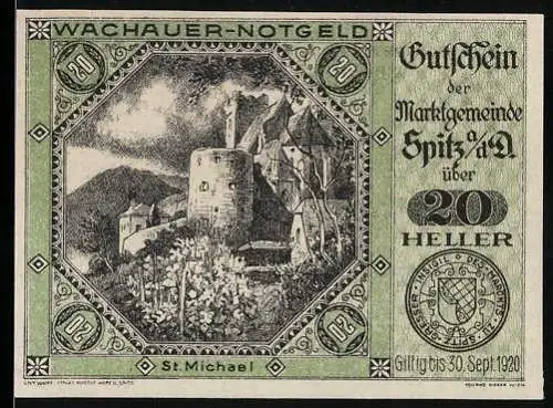 Notgeld Spitz / Donau 1920, 20 Heller, St. Michael und Wappen, gültig bis 30. Sept. 1920