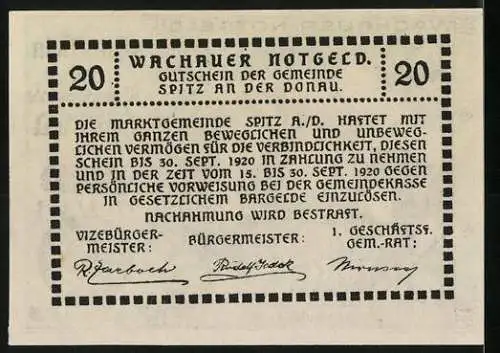 Notgeld Spitz / Donau 1920, 20 Heller, St. Michael und Wappen, gültig bis 30. Sept. 1920