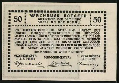 Notgeld Spitz a. d. Donau 1920, 50 Heller, Landschaft mit Fluss und Burg, Wappen und Gültigkeit bis 30. September