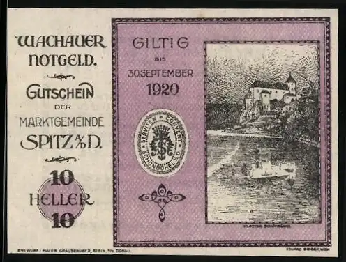 Notgeld Spitz a. d. Donau 1920, 10 Heller, Landschaft mit Fluss und Burg, Wappen, gültig bis 30. September