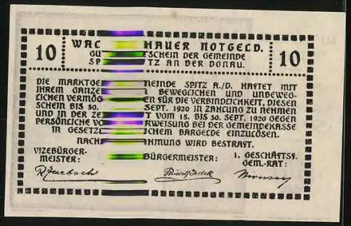 Notgeld Spitz a. d. Donau 1920, 10 Heller, Landschaft mit Fluss und Burg, Wappen, gültig bis 30. September