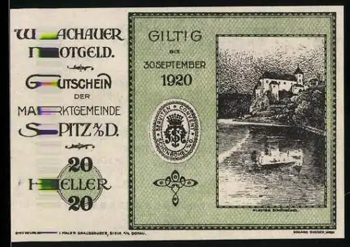 Notgeld Spitz an der Donau 1920, 20 Heller, Kloster Dürnstein, gültig bis 30. September 1920