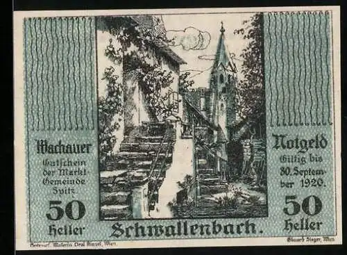 Notgeld Spitz / Donau 1920, 50 Heller, Schwallenbach Treppen und Kirche im Dorf, gültig bis 30. September 1920