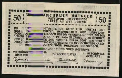Notgeld Spitz / Donau 1920, 50 Heller, Schwallenbach Treppen und Kirche im Dorf, gültig bis 30. September 1920