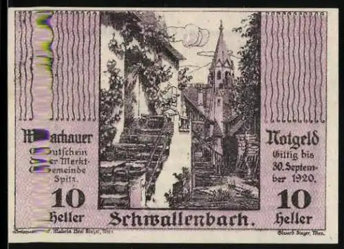 Notgeld Spitz / Donau 1920, 10 Heller, Schwallenbach-Szenerie mit Kirche und Mond, Text zur Gültigkeit