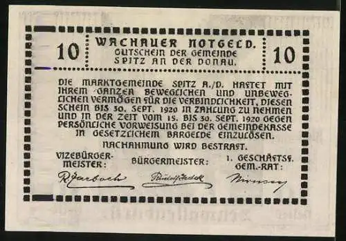 Notgeld Spitz / Donau 1920, 10 Heller, Schwallenbach-Szenerie mit Kirche und Mond, Text zur Gültigkeit