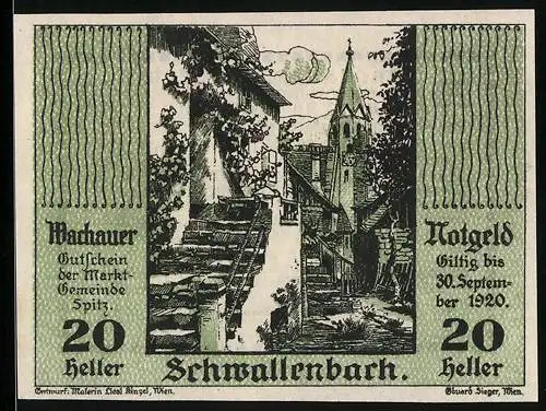 Notgeld Spitz / Donau 1920, 20 Heller, Schwallenbach Dorfansicht mit Kirche und Dachlandschaft