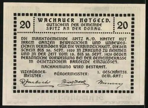 Notgeld Spitz / Donau 1920, 20 Heller, Schwallenbach Dorfansicht mit Kirche und Dachlandschaft