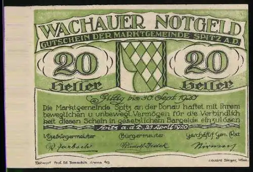 Notgeld Spitz an der Donau 1920, 20 Heller, grünes Rautenmuster, gültig bis 30. Sept. 1920