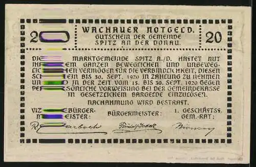 Notgeld Spitz an der Donau 1920, 20 Heller, grünes Rautenmuster, gültig bis 30. Sept. 1920