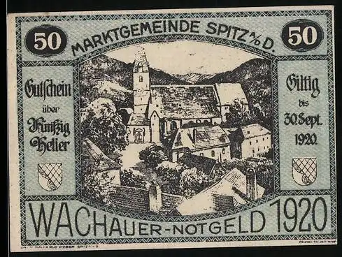 Notgeld Spitz / Donau 1920, 50 Heller, Stadtansicht mit Kirche, gültig bis 30. Sept 1920