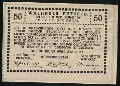 Notgeld Spitz / Donau 1920, 50 Heller, Stadtansicht mit Kirche, gültig bis 30. Sept 1920