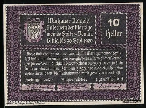 Notgeld Spitz / Donau 1920, 10 Heller, Wappen und Text zur Gültigkeit bis 30. Sept. 1920