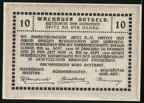 Notgeld Spitz / Donau 1920, 10 Heller, Wappen und Text zur Gültigkeit bis 30. Sept. 1920