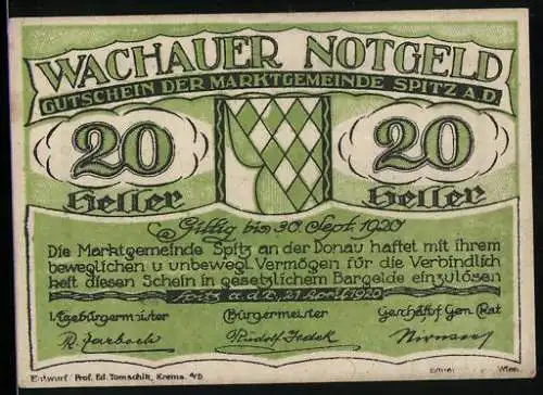 Notgeld Spitz a.D. 1920, 20 Heller, grüne Ranken und Rautenmuster, Seriennummer und Unterschriften