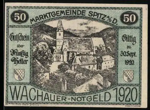 Notgeld Spitz / Donau 1920, 50 Heller, Darstellung einer Kirche und Landschaft, gültig bis 30. Sept. 1920