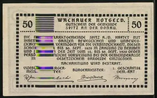 Notgeld Spitz / Donau 1920, 50 Heller, Darstellung einer Kirche und Landschaft, gültig bis 30. Sept. 1920