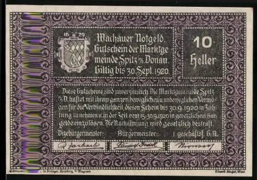 Notgeld Spitz an der Donau 1920, 10 Heller, Wappen und detaillierte Verzierung