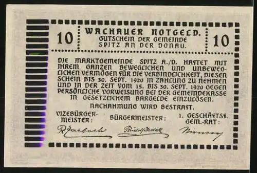 Notgeld Spitz an der Donau 1920, 10 Heller, Wappen und detaillierte Verzierung