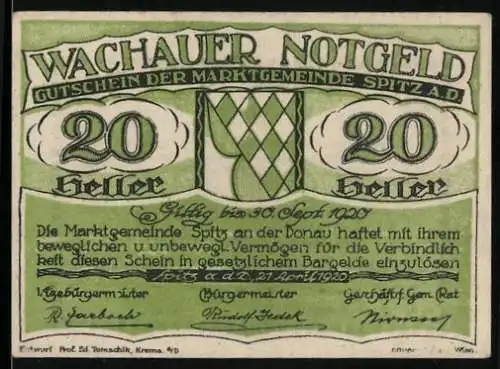 Notgeld Spitz a.d. Donau 1920, 20 Heller, grüne Rautenmuster, gültig bis 30. Sept. 1920