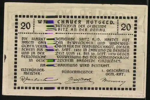 Notgeld Spitz a.d. Donau 1920, 20 Heller, grüne Rautenmuster, gültig bis 30. Sept. 1920