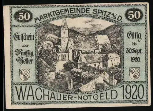 Notgeld Spitz an der Donau 1920, 50 Heller, Landschaft mit Kirche und Gebäuden, Wachauer Notgeld