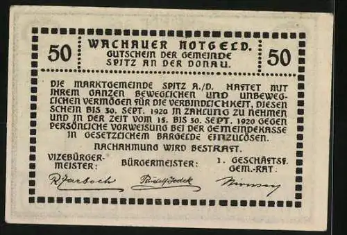 Notgeld Spitz an der Donau 1920, 50 Heller, Landschaft mit Kirche und Gebäuden, Wachauer Notgeld