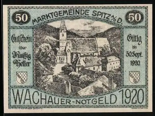 Notgeld Spitz 1920, 50 Heller, Dorfansicht mit Kirche, gültig bis 30. Sept. 1920