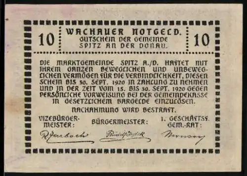 Notgeld Spitz an der Donau 1920, 10 Heller, Text und Wappen, gültig bis 30. Sept. 1920