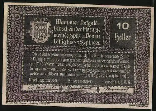 Notgeld Spitz an der Donau 1920, 10 Heller, Text und Wappen, gültig bis 30. Sept. 1920