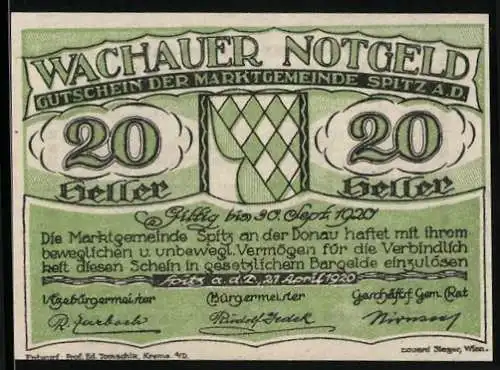 Notgeld Spitz an der Donau 1920, 20 Heller, Rautenmuster, gültig bis 30. September 1920