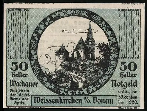 Notgeld Spitz / Donau 1920, 50 Heller, Weissenkirchen Kirche und Landschaftsmotiv, Wachau